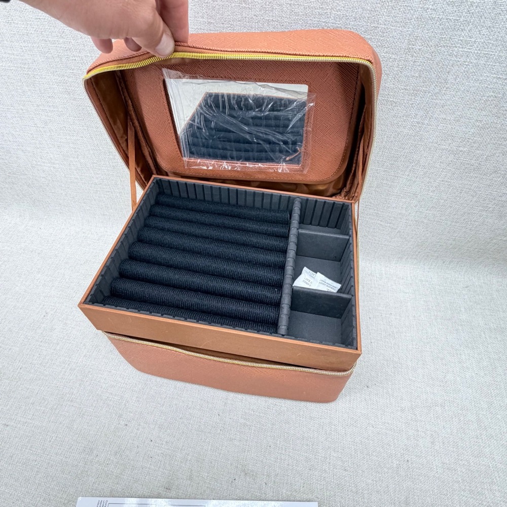 Joy Mangano The Jewel Kit Trio Double Decker Jewelry Case Cognac Saffiano Lock